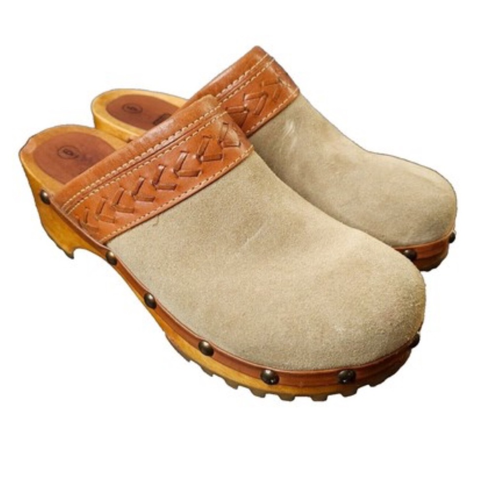 Vintage Faded Glory Clogs Taupe Suede Brown Leather Trim Festival Boho Size 7.5